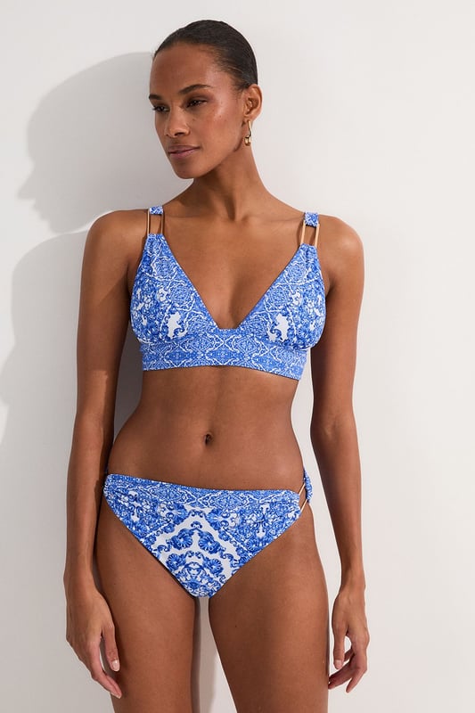 Blue Scarf Print Plunge Bikini Top