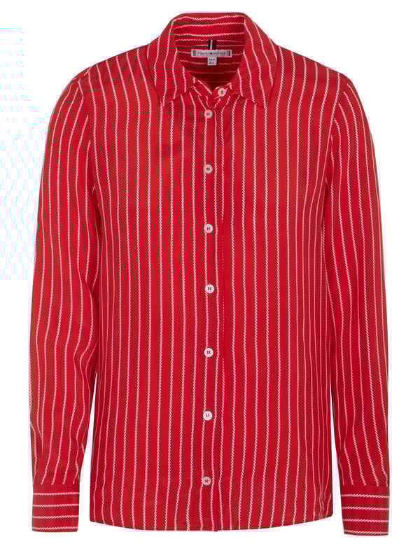 100% Cupro; Tommy Hilfiger CUPRO ROPE STP Bluse;  Modell: WW0WW38010 0EX;  Hochwertig verarbeitet;  100% weiches Cupro;  Kentkragen;  Knopfleiste mit 8 Knöpfen;  Langarm;  Sportmanschetten;  Tommy Hilfiger Logodetails