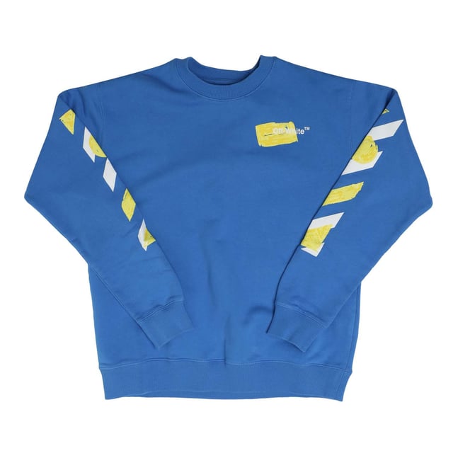 Juniors Off White Shape Crewneck Sweatshirt in blue yellow.- Ribbed crewneck.- Ribbed cuffs and hem.- Signature Diag-stripe print.- Signature Arrows motif.- 100% Cotton.- Ref: OBBA0010084518
