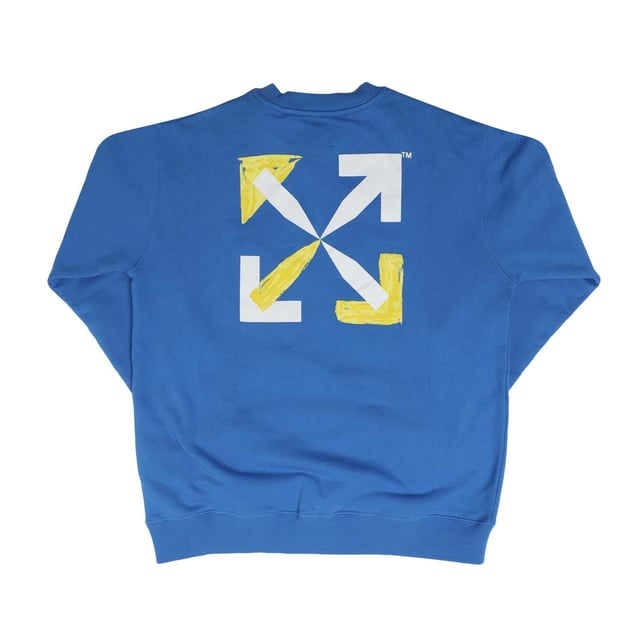 Juniors Off White Shape Crewneck Sweatshirt in blue yellow.- Ribbed crewneck.- Ribbed cuffs and hem.- Signature Diag-stripe print.- Signature Arrows motif.- 100% Cotton.- Ref: OBBA0010084518
