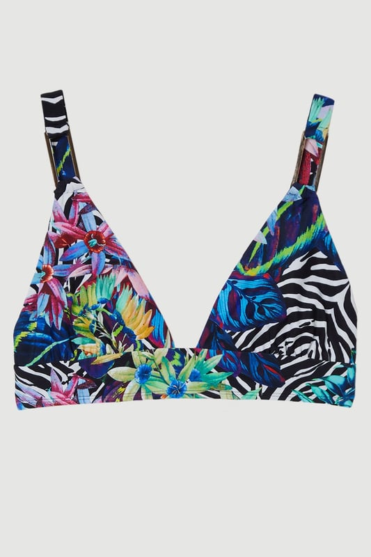 Make a splash this season with Karen Millen's eye-catching Tropical Floral Plunge Bikini Top. This striking piece combines an exotic floral pattern with zebra print elements. The plunging neckline adds a touch of allure, perfect for those seeking to make a statement poolside or on the beach. Adjustable straps ensure a customised fit, while the supportive under-bust band provides comfort for all-day wear. Whether you're lounging by the pool or enjoying a beachside cocktail, this bikini top is perfect for sunny days. Pair it with the matching bottoms for a coordinated look, or mix it up with a solid-coloured bottom to showcase your personal style. This Karen Millen piece is sure to become your go-to swimwear for hot destinations and summer getaways.  Vibrant tropical floral print with bold zebra accents Plunging neckline for a daring and alluring look Adjustable straps with sleek metal hardware Supportive under-bust band for enhanced comfort Versatile design suitable for mix-and-match styling