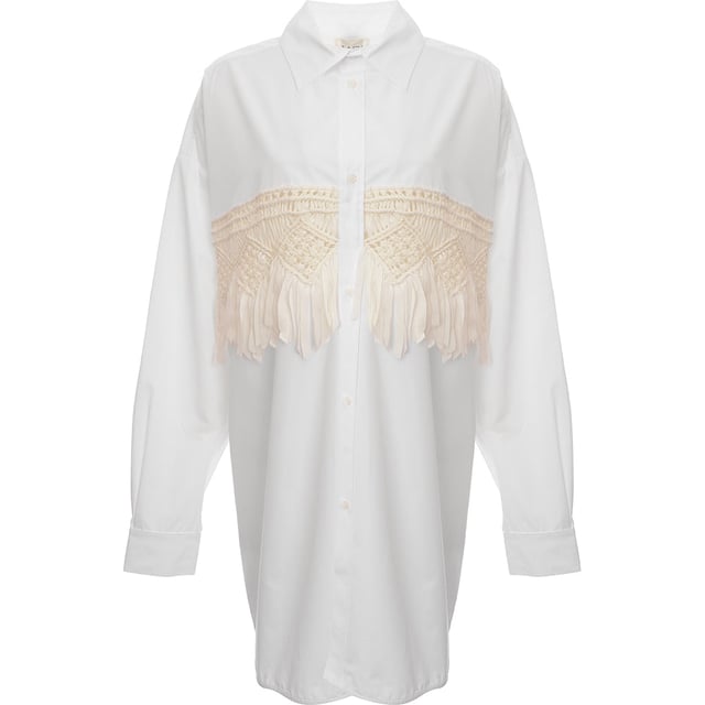 Cotton, Viscose. Raey oversized skirt with a silk macrame insert panel across the middle. Featuring a pointed collar, long sleeves, buttoned cuffs, and a box pleated back