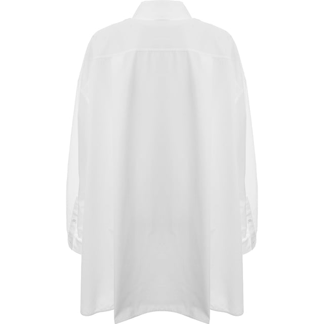 Cotton, Viscose. Raey oversized skirt with a silk macrame insert panel across the middle. Featuring a pointed collar, long sleeves, buttoned cuffs, and a box pleated back