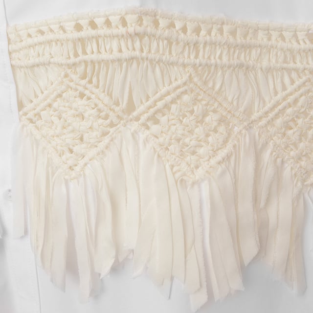 Cotton, Viscose. Raey oversized skirt with a silk macrame insert panel across the middle. Featuring a pointed collar, long sleeves, buttoned cuffs, and a box pleated back
