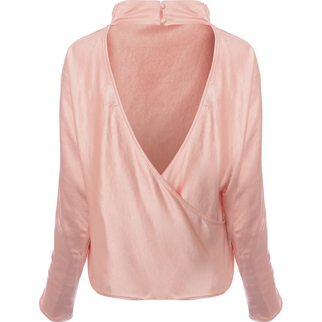 Pretty Lavish Women's Pink High Neck Backless Blouse Main: 97% Polyester, Main: 3% Elastane. The Pretty Lavish high neck backless blouse in blush pink is the epitome of sophistication and elegance. With its long sleeves, it offers a graceful silhouette that's perfect for any upscale event or a chic day at the office. The backless design adds a touch of allure, making it a stunning statement piece that's sure to turn heads. This blouse is a beautiful blend of modern style and timeless sophistication.