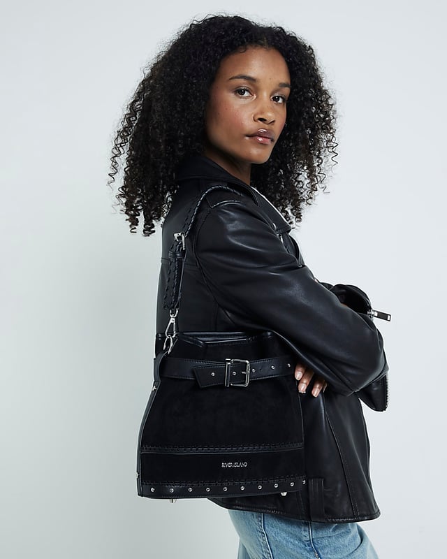 River Island Womens Shoulder Bag Black Suedette Buckle Bucket