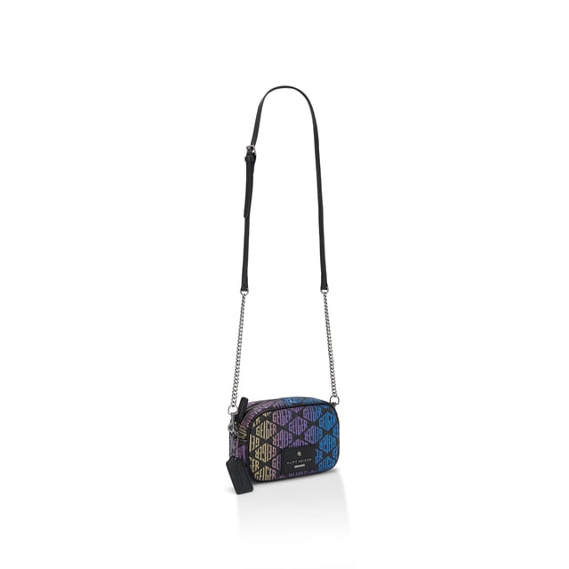 This Small Chiswick Camera Bag from Kurt Geiger features a dark rainbow ombre monogram print across the exterior of the bag. There is a black patch with antiqued silver logo on the front of the bag and open pocket on the back. Dimensions: 13cm (H), 19cm (L), 6cm (D) Strap length: 236cm Woven strap length: 121cm
