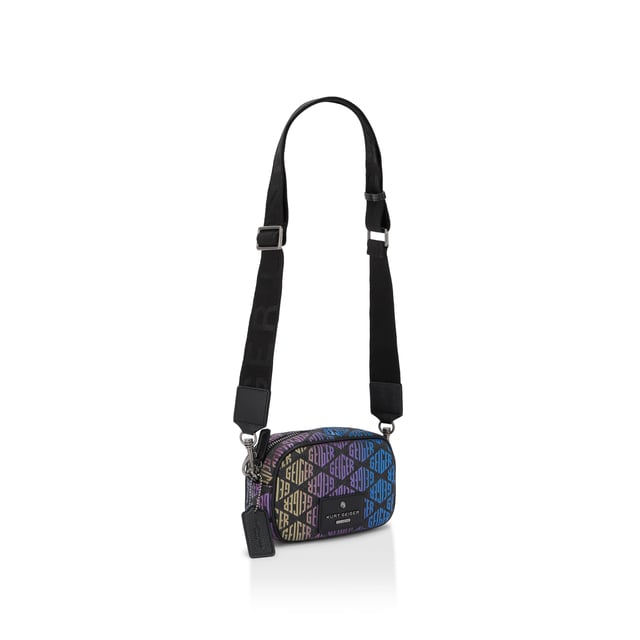 This Small Chiswick Camera Bag from Kurt Geiger features a dark rainbow ombre monogram print across the exterior of the bag. There is a black patch with antiqued silver logo on the front of the bag and open pocket on the back. Dimensions: 13cm (H), 19cm (L), 6cm (D) Strap length: 236cm Woven strap length: 121cm