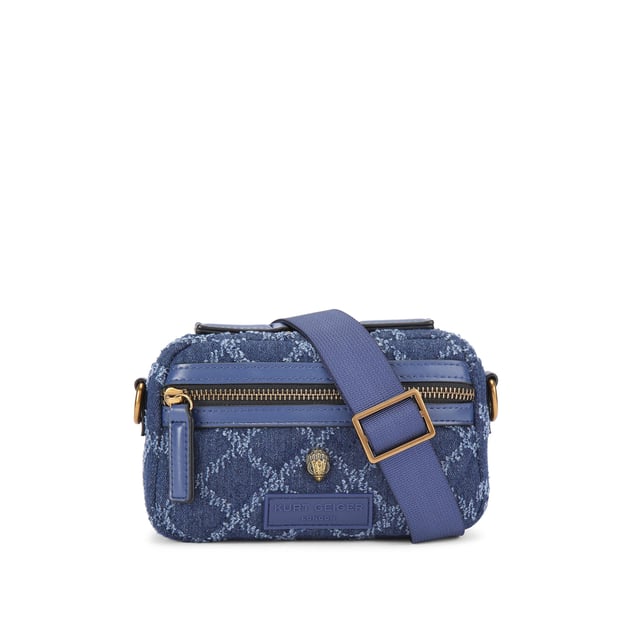 This Extra Small Denim Cross bag features a blue denim exterior with frayed diamond weave design. There is an antiqued brass eagle head on the front above a rubber branded patch. 19cm (H), 18cm (L), 5cm (D). Strap length: 120cm. Removable cross body woven strap. Can fit phones up to 6inches.