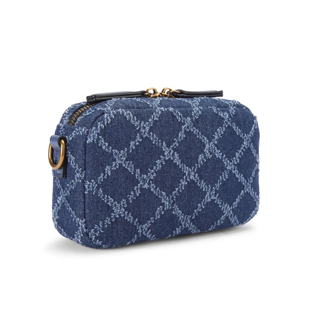 This Extra Small Denim Cross bag features a blue denim exterior with frayed diamond weave design. There is an antiqued brass eagle head on the front above a rubber branded patch. 19cm (H), 18cm (L), 5cm (D). Strap length: 120cm. Removable cross body woven strap. Can fit phones up to 6inches.