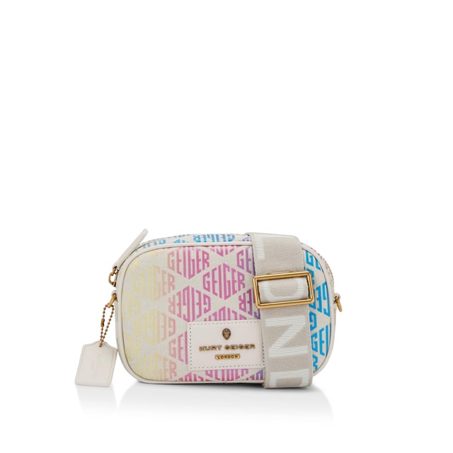 This Small Chiswick Camera Bag from Kurt Geiger features a rainbow ombre monogram print across the exterior of the bag. There is a bone patch with antiqued brass logo on the front of the bag and open pocket on the back. Dimensions: 13cm (H), 19cm (L), 6cm (D) Strap length: 236cm Woven strap length: 121cm