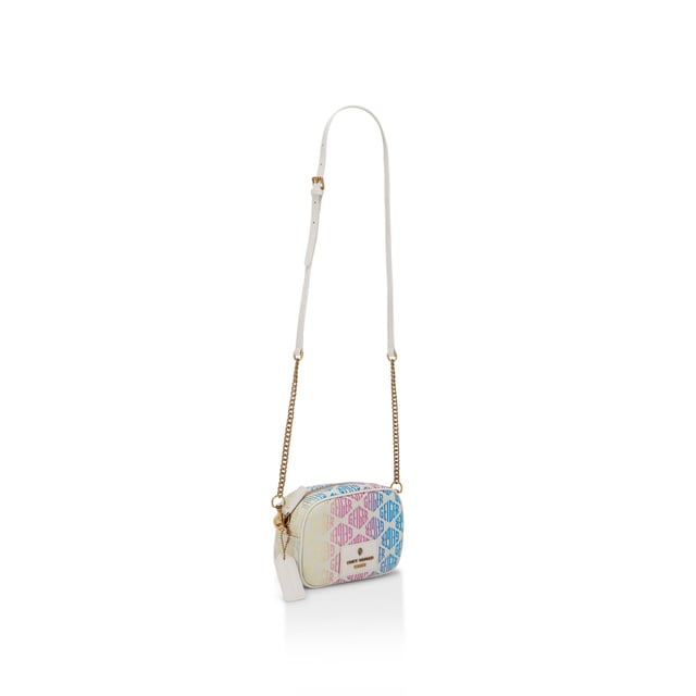 This Small Chiswick Camera Bag from Kurt Geiger features a rainbow ombre monogram print across the exterior of the bag. There is a bone patch with antiqued brass logo on the front of the bag and open pocket on the back. Dimensions: 13cm (H), 19cm (L), 6cm (D) Strap length: 236cm Woven strap length: 121cm