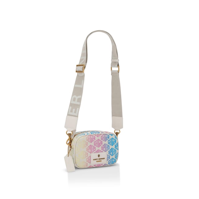 This Small Chiswick Camera Bag from Kurt Geiger features a rainbow ombre monogram print across the exterior of the bag. There is a bone patch with antiqued brass logo on the front of the bag and open pocket on the back. Dimensions: 13cm (H), 19cm (L), 6cm (D) Strap length: 236cm Woven strap length: 121cm