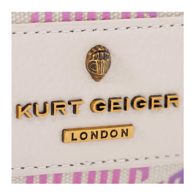 This Small Chiswick Camera Bag from Kurt Geiger features a rainbow ombre monogram print across the exterior of the bag. There is a bone patch with antiqued brass logo on the front of the bag and open pocket on the back. Dimensions: 13cm (H), 19cm (L), 6cm (D) Strap length: 236cm Woven strap length: 121cm