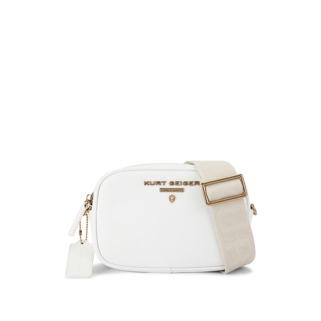 This Kurt Geiger Small Chiswick Camera Bag features a white pebble grain leather exterior. There is an antiqued brass logo and micro eagle head on the front of the bag and open pocket on the back. Dimensions: 13cm (H), 19cm (L), 6cm (D). Strap length: 236cm.