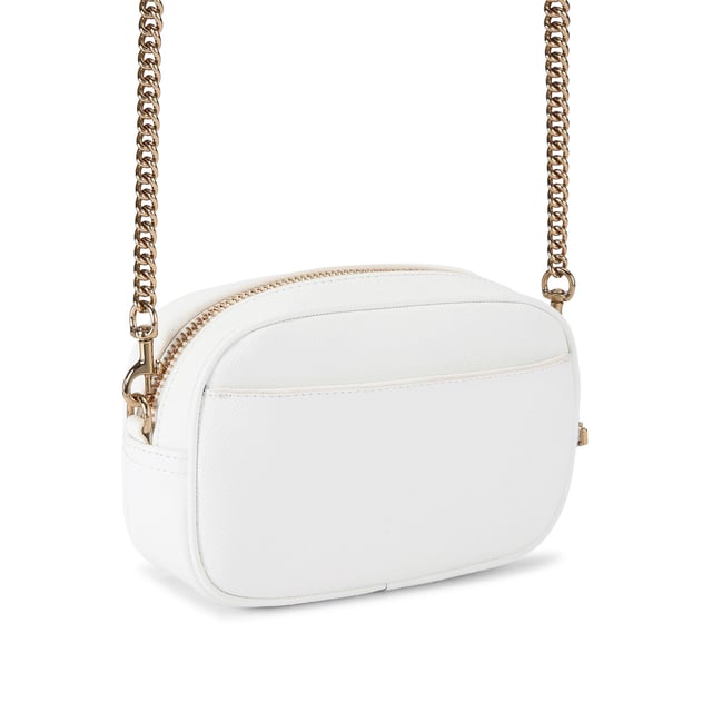 This Kurt Geiger Small Chiswick Camera Bag features a white pebble grain leather exterior. There is an antiqued brass logo and micro eagle head on the front of the bag and open pocket on the back. Dimensions: 13cm (H), 19cm (L), 6cm (D). Strap length: 236cm.