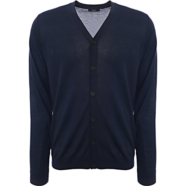 Paul Smith Mens Cardigan In Navy in Navy The Cardigan in Navy is crafted from 100% merino wool, offering a luxurious feel with warmth and softness. The classic knitted design ensures versatility, making it a great choice for both casual and formal occasions. The navy color is timeless and complements various outfits. Here's the size guide: