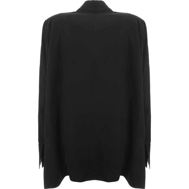100% viscose. Fluid twill enhances the elegant drape of Raey's black Dream jacket, shaped to a characteristically generous frame with structured shoulders and peaked lapels.