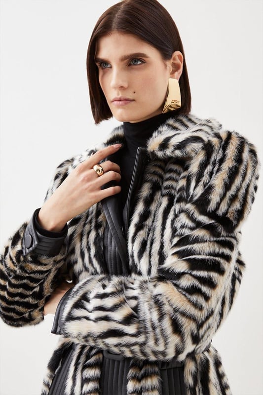 Faux Fur Pu Panelled Stripe Belted Coat