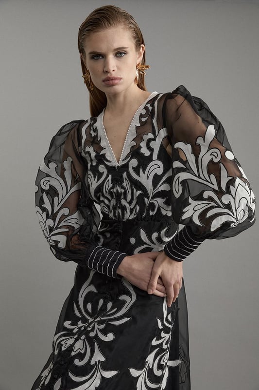 chinese dress ladies Draped Floral-appliqué Maxi Dress in Ivory - 14 main image 1