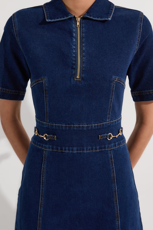 Stretch Denim Snaffle Trim Collared Midi Dress