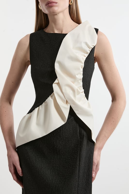 Make a statement in our midi dress, featuring a fit that hugs the curves, with a ruffle accent across the bodice. Style this dress with strappy heels for an outfit that will turn heads from wedding guest nights to upcoming occasions and events. Textured Tailored Contrast Taffeta Ruffle Midi Dress High Quality Taffeta Fabric Statement Ruffle Accent Across Bodice and Shoulder Flattering Figure Hugging Silhouette Thigh High Leg Split Zip Fastening in BackDiscover this seasons party dresses or browse the full colleciton of women's dresses now.
