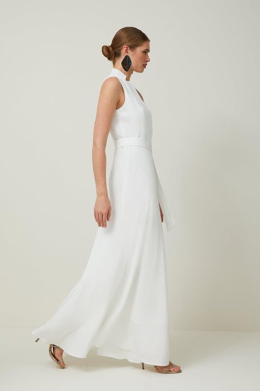 Premium Tailored Linen Notch Neck Belted Midaxi Dress