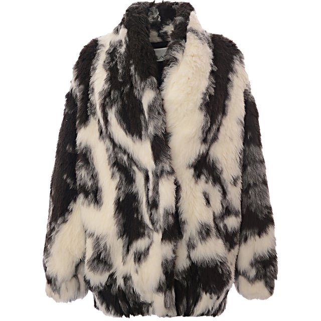 54% alpaca, 23% wool, 15% silk, 8% camel hair. Lining: 51% viscose, 49% cotton. Raey's exaggerated-shoulder, boxy bomber jacket is made from plush faux fur with a mottled ivory and black print