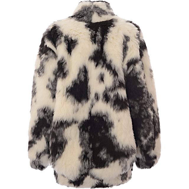 54% alpaca, 23% wool, 15% silk, 8% camel hair. Lining: 51% viscose, 49% cotton. Raey's exaggerated-shoulder, boxy bomber jacket is made from plush faux fur with a mottled ivory and black print