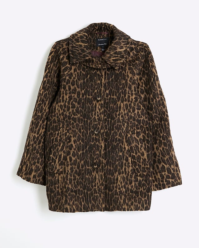 River Island Womens Coat Brown Leopard Print Funnel Neck