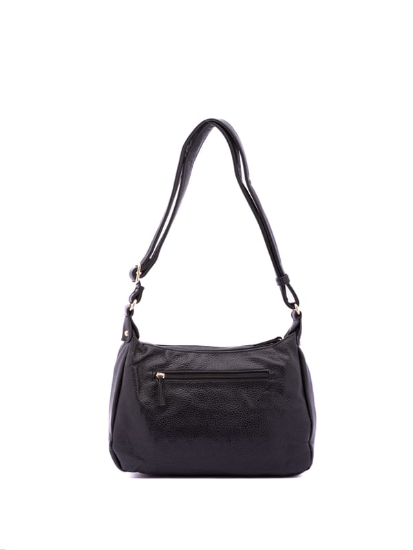 Bolso bandolera para mujer. El cierre es con cremallera. Los bolsillos internos son uno con cremallera y dos abiertos. Los bolsillos externos son dos delanteros con cremallera y uno trasero con cremallera. Falta la correa para el hombro. El asa es regulable en ecopiel. Hay dos compartimentos internos. El material exterior es ecopiel. Internamente está forrado en poliéster. Medidas: 30x20x10 cm. Producto de moda