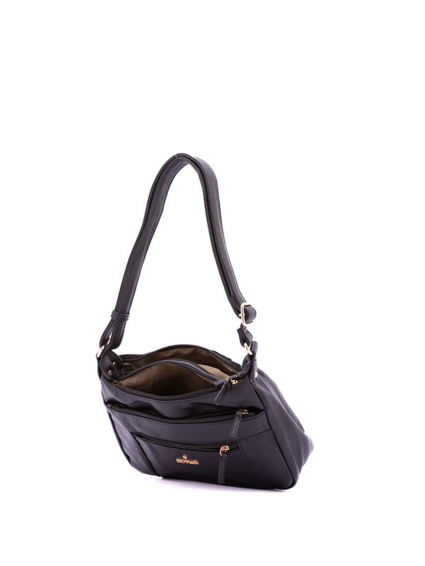 Bolso bandolera para mujer. El cierre es con cremallera. Los bolsillos internos son uno con cremallera y dos abiertos. Los bolsillos externos son dos delanteros con cremallera y uno trasero con cremallera. Falta la correa para el hombro. El asa es regulable en ecopiel. Hay dos compartimentos internos. El material exterior es ecopiel. Internamente está forrado en poliéster. Medidas: 30x20x10 cm. Producto de moda
