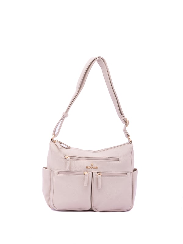 Bolso bandolera para mujer. El cierre es con cremallera. Los bolsillos internos son uno con cremallera y dos abiertos. Los bolsillos externos son tres delanteros con cremallera, dos laterales abiertos y uno trasero con cremallera. Falta la correa para el hombro. El asa es regulable en ecopiel. Hay dos compartimentos internos. El material exterior es ecopiel. Internamente está forrado en poliéster. Medidas: 30x21x12 cm. Producto de moda
