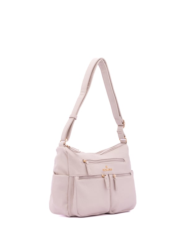 Bolso bandolera para mujer. El cierre es con cremallera. Los bolsillos internos son uno con cremallera y dos abiertos. Los bolsillos externos son tres delanteros con cremallera, dos laterales abiertos y uno trasero con cremallera. Falta la correa para el hombro. El asa es regulable en ecopiel. Hay dos compartimentos internos. El material exterior es ecopiel. Internamente está forrado en poliéster. Medidas: 30x21x12 cm. Producto de moda