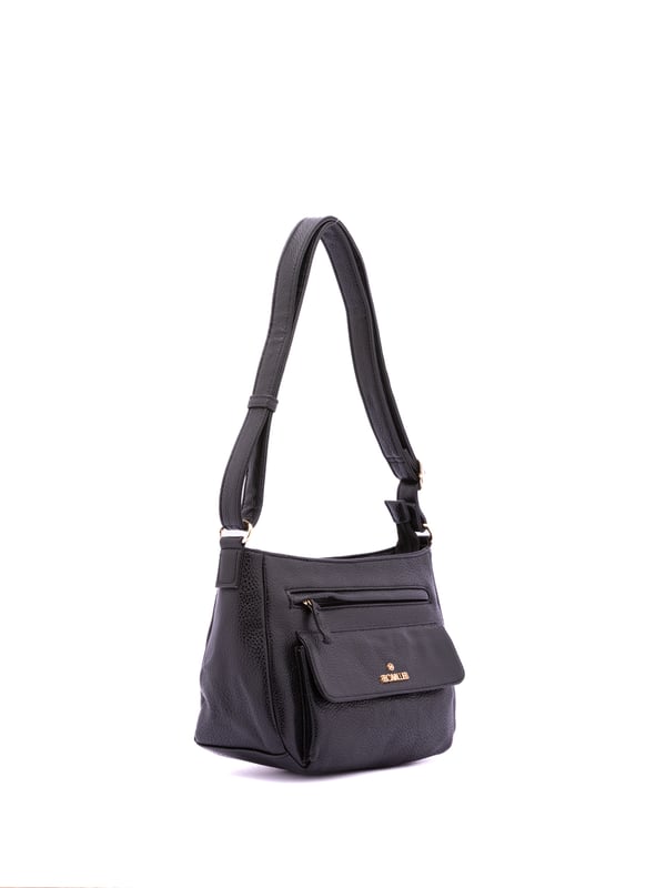 Bolso bandolera para mujer. El cierre es con cremallera. Los bolsillos internos son uno con cremallera y dos abiertos. Los bolsillos externos son uno frontal con cremallera y un bolsillo frontal. Falta la correa para el hombro. El asa es regulable en ecopiel. Hay un compartimento interno. El material exterior es ecopiel. Internamente está forrado en poliéster. Medidas: 28x20x13 cm. Producto de moda