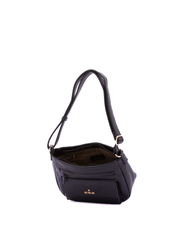 Bolso bandolera para mujer. El cierre es con cremallera. Los bolsillos internos son uno con cremallera y dos abiertos. Los bolsillos externos son uno frontal con cremallera y un bolsillo frontal. Falta la correa para el hombro. El asa es regulable en ecopiel. Hay un compartimento interno. El material exterior es ecopiel. Internamente está forrado en poliéster. Medidas: 28x20x13 cm. Producto de moda