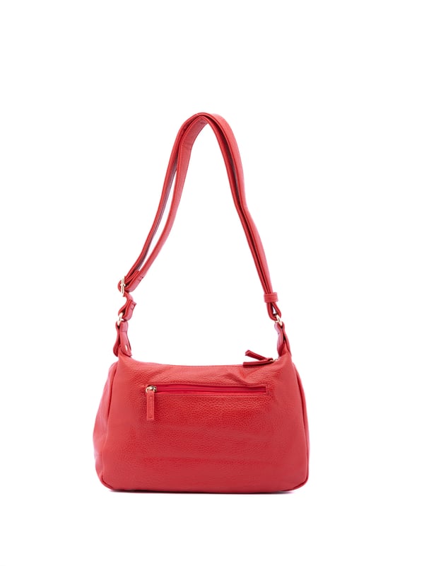 Bolso bandolera para mujer. El cierre es con cremallera. Los bolsillos internos son uno con cremallera y dos abiertos. Los bolsillos externos son dos delanteros con cremallera y uno trasero con cremallera. Falta la correa para el hombro. El asa es regulable en ecopiel. Hay dos compartimentos internos. El material exterior es ecopiel. Internamente está forrado en poliéster. Medidas: 30x20x10 cm. Producto de moda
