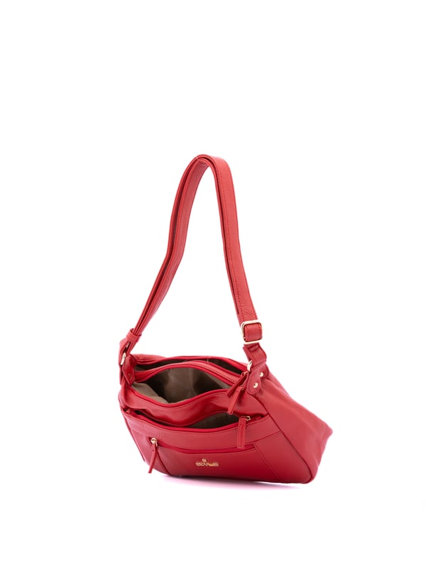 Bolso bandolera para mujer. El cierre es con cremallera. Los bolsillos internos son uno con cremallera y dos abiertos. Los bolsillos externos son dos delanteros con cremallera y uno trasero con cremallera. Falta la correa para el hombro. El asa es regulable en ecopiel. Hay dos compartimentos internos. El material exterior es ecopiel. Internamente está forrado en poliéster. Medidas: 30x20x10 cm. Producto de moda