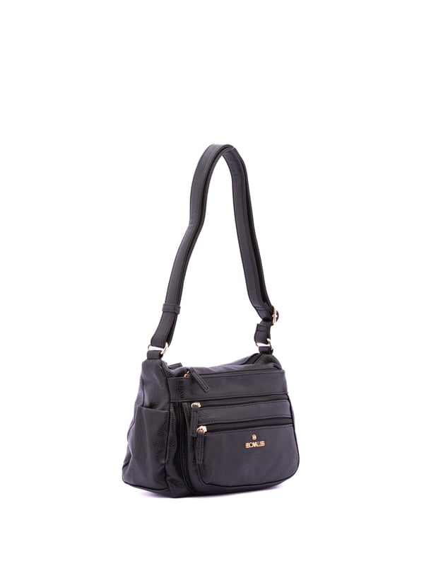 Bolso bandolera para mujer. El cierre es con cremallera. Los bolsillos internos son uno con cremallera y dos abiertos. Los bolsillos externos son tres delanteros con cremallera, dos laterales abiertos y uno trasero con cremallera. Falta la correa para el hombro. El asa es regulable en ecopiel. Hay dos compartimentos internos. El material exterior es ecopiel. Internamente está forrado en poliéster. Medidas: 27x20x14 cm. Producto de moda