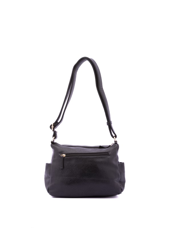 Bolso bandolera para mujer. El cierre es con cremallera. Los bolsillos internos son uno con cremallera y dos abiertos. Los bolsillos externos son tres delanteros con cremallera, dos laterales abiertos y uno trasero con cremallera. Falta la correa para el hombro. El asa es regulable en ecopiel. Hay dos compartimentos internos. El material exterior es ecopiel. Internamente está forrado en poliéster. Medidas: 27x20x14 cm. Producto de moda