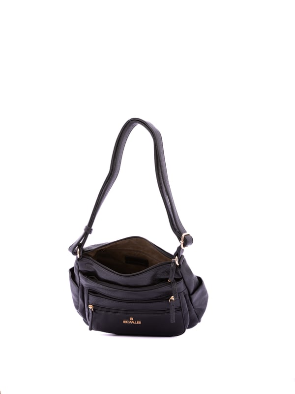 Bolso bandolera para mujer. El cierre es con cremallera. Los bolsillos internos son uno con cremallera y dos abiertos. Los bolsillos externos son tres delanteros con cremallera, dos laterales abiertos y uno trasero con cremallera. Falta la correa para el hombro. El asa es regulable en ecopiel. Hay dos compartimentos internos. El material exterior es ecopiel. Internamente está forrado en poliéster. Medidas: 27x20x14 cm. Producto de moda