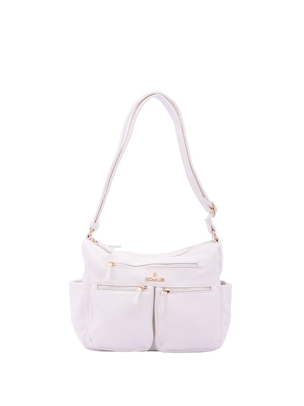 Bolso bandolera para mujer. El cierre es con cremallera. Los bolsillos internos son uno con cremallera y dos abiertos. Los bolsillos externos son tres delanteros con cremallera, dos laterales abiertos y uno trasero con cremallera. Falta la correa para el hombro. El asa es regulable en ecopiel. Hay dos compartimentos internos. El material exterior es ecopiel. Internamente está forrado en poliéster. Medidas: 30x21x12 cm. Producto de moda