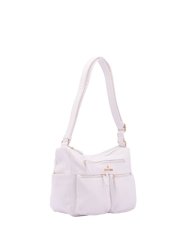 Bolso bandolera para mujer. El cierre es con cremallera. Los bolsillos internos son uno con cremallera y dos abiertos. Los bolsillos externos son tres delanteros con cremallera, dos laterales abiertos y uno trasero con cremallera. Falta la correa para el hombro. El asa es regulable en ecopiel. Hay dos compartimentos internos. El material exterior es ecopiel. Internamente está forrado en poliéster. Medidas: 30x21x12 cm. Producto de moda