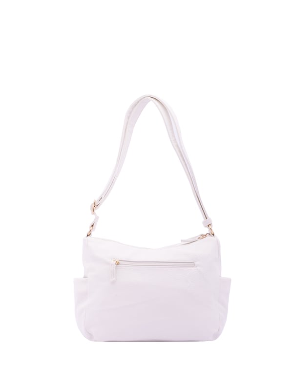 Bolso bandolera para mujer. El cierre es con cremallera. Los bolsillos internos son uno con cremallera y dos abiertos. Los bolsillos externos son tres delanteros con cremallera, dos laterales abiertos y uno trasero con cremallera. Falta la correa para el hombro. El asa es regulable en ecopiel. Hay dos compartimentos internos. El material exterior es ecopiel. Internamente está forrado en poliéster. Medidas: 30x21x12 cm. Producto de moda