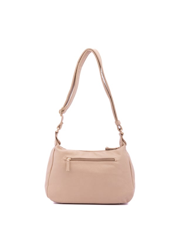 Bolso bandolera para mujer. El cierre es con cremallera. Los bolsillos internos son uno con cremallera y dos abiertos. Los bolsillos externos son dos delanteros con cremallera y uno trasero con cremallera. Falta la correa para el hombro. El asa es regulable en ecopiel. Hay dos compartimentos internos. El material exterior es ecopiel. Internamente está forrado en poliéster. Medidas: 30x20x10 cm. Producto de moda