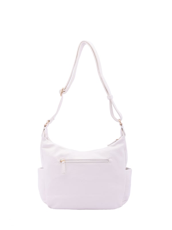Bolso bandolera para mujer. El cierre es con cremallera. Los bolsillos internos son uno con cremallera y dos abiertos. Los bolsillos externos son uno frontal con cremallera, dos laterales abiertos y uno trasero con cremallera. Falta la correa para el hombro. El asa es regulable en ecopiel. Hay dos compartimentos internos. El material exterior es ecopiel. Internamente está forrado en poliéster. Medidas: 30x21x11 cm. Producto de moda