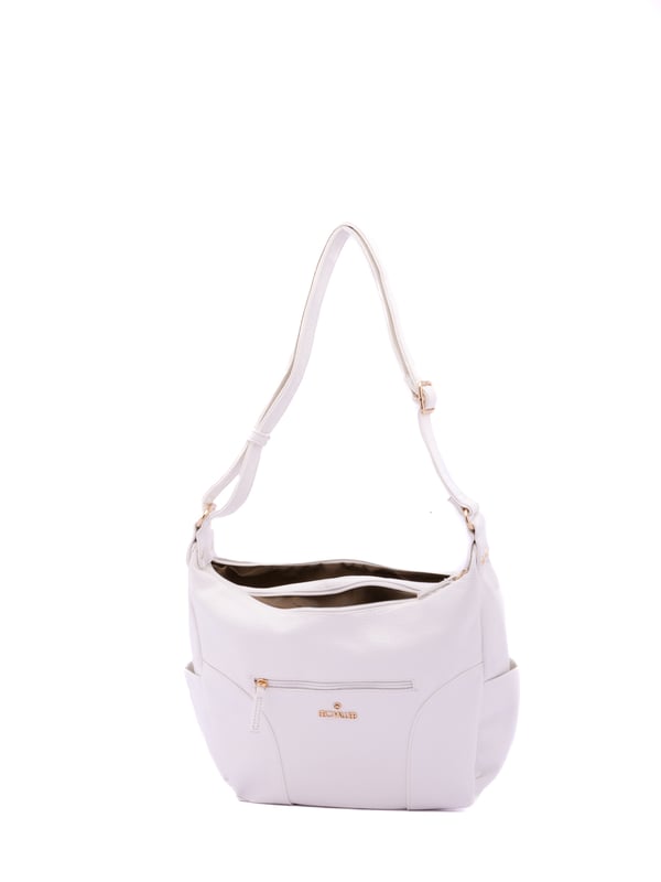 Bolso bandolera para mujer. El cierre es con cremallera. Los bolsillos internos son uno con cremallera y dos abiertos. Los bolsillos externos son uno frontal con cremallera, dos laterales abiertos y uno trasero con cremallera. Falta la correa para el hombro. El asa es regulable en ecopiel. Hay dos compartimentos internos. El material exterior es ecopiel. Internamente está forrado en poliéster. Medidas: 30x21x11 cm. Producto de moda