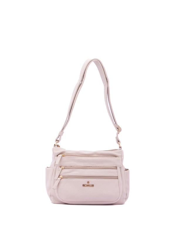 Bolso bandolera para mujer. El cierre es con cremallera. Los bolsillos internos son uno con cremallera y dos abiertos. Los bolsillos externos son tres delanteros con cremallera, dos laterales abiertos y uno trasero con cremallera. Falta la correa para el hombro. El asa es regulable en ecopiel. Hay dos compartimentos internos. El material exterior es ecopiel. Internamente está forrado en poliéster. Medidas: 27x20x14 cm. Producto de moda
