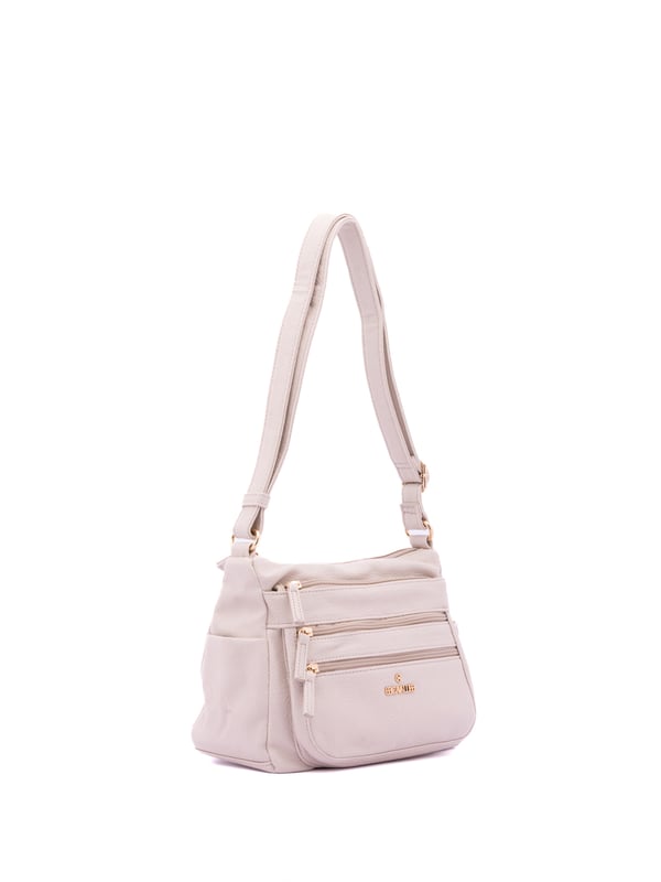 Bolso bandolera para mujer. El cierre es con cremallera. Los bolsillos internos son uno con cremallera y dos abiertos. Los bolsillos externos son tres delanteros con cremallera, dos laterales abiertos y uno trasero con cremallera. Falta la correa para el hombro. El asa es regulable en ecopiel. Hay dos compartimentos internos. El material exterior es ecopiel. Internamente está forrado en poliéster. Medidas: 27x20x14 cm. Producto de moda