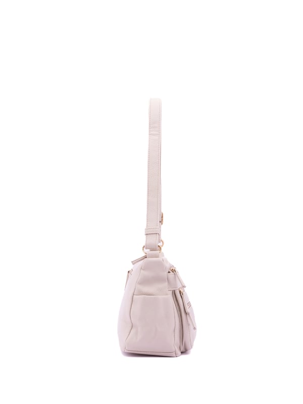 Bolso bandolera para mujer. El cierre es con cremallera. Los bolsillos internos son uno con cremallera y dos abiertos. Los bolsillos externos son tres delanteros con cremallera, dos laterales abiertos y uno trasero con cremallera. Falta la correa para el hombro. El asa es regulable en ecopiel. Hay dos compartimentos internos. El material exterior es ecopiel. Internamente está forrado en poliéster. Medidas: 27x20x14 cm. Producto de moda